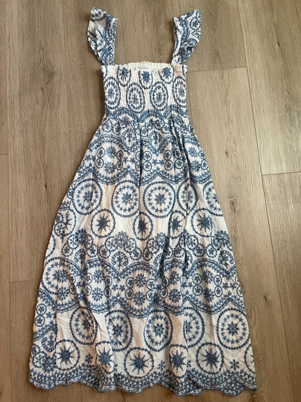 Goodnight Macaroon Blue and White Embroidered Smocked Midi Dress